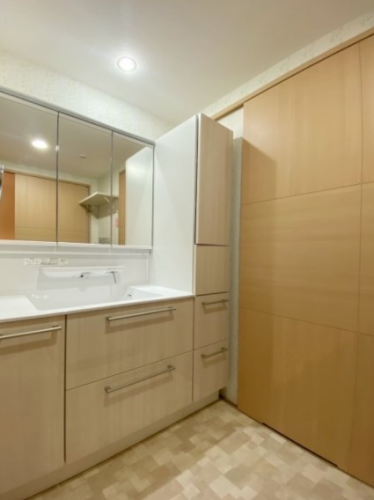 石目調の床が目をひくオシャレでたっぷり収納の洗面室 リフォーム実例 Toto株式会社